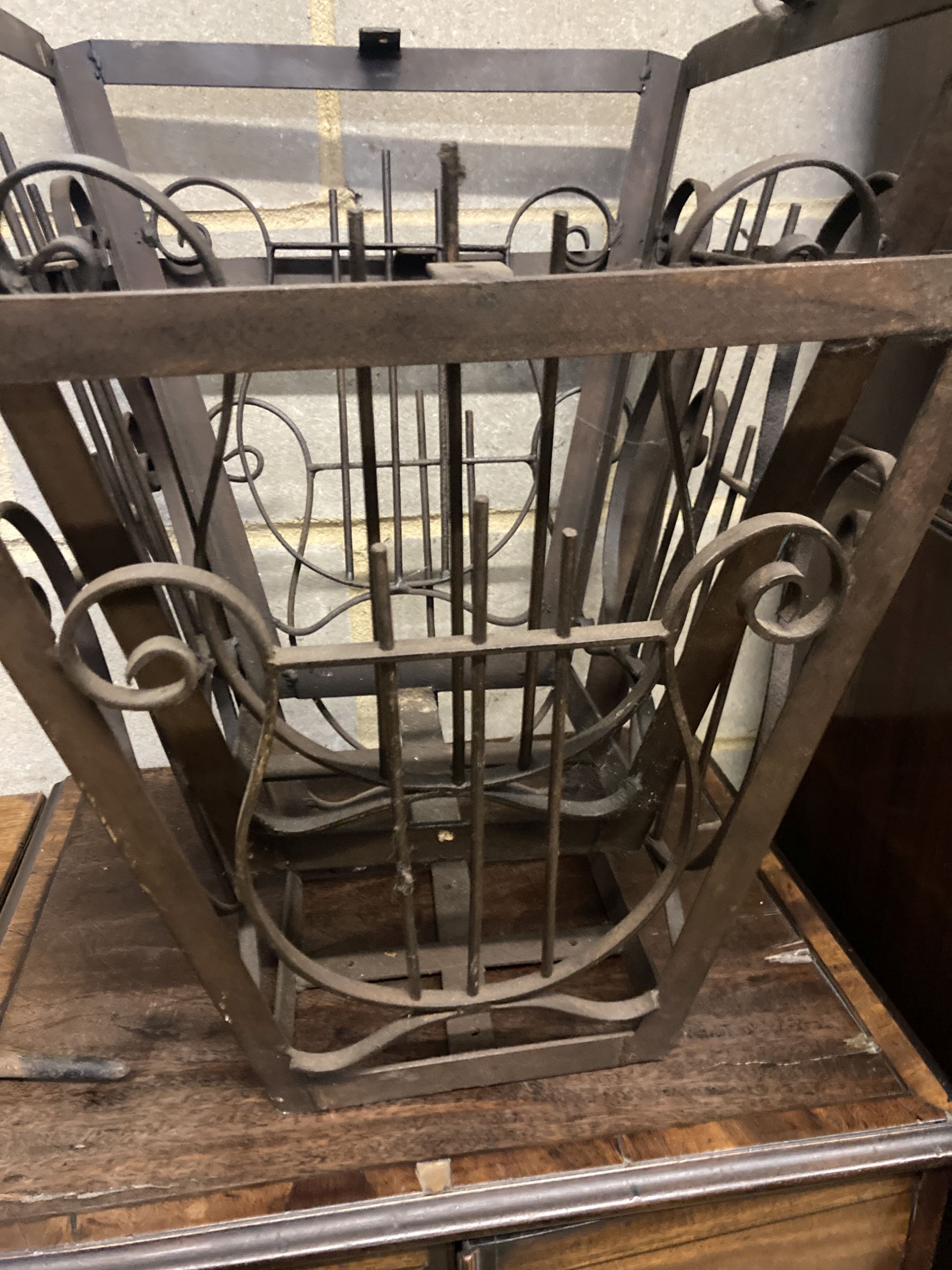 A pair of square wrought iron lyre baskets, width 39cm, height 41cm